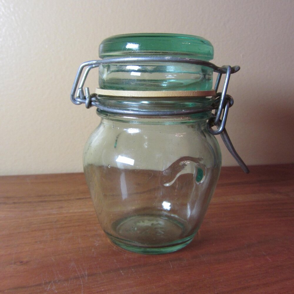 8 oz bean pot jar canister Vintage Vetreria Etrusca Glass Jar, Aqua Blue (W3164)